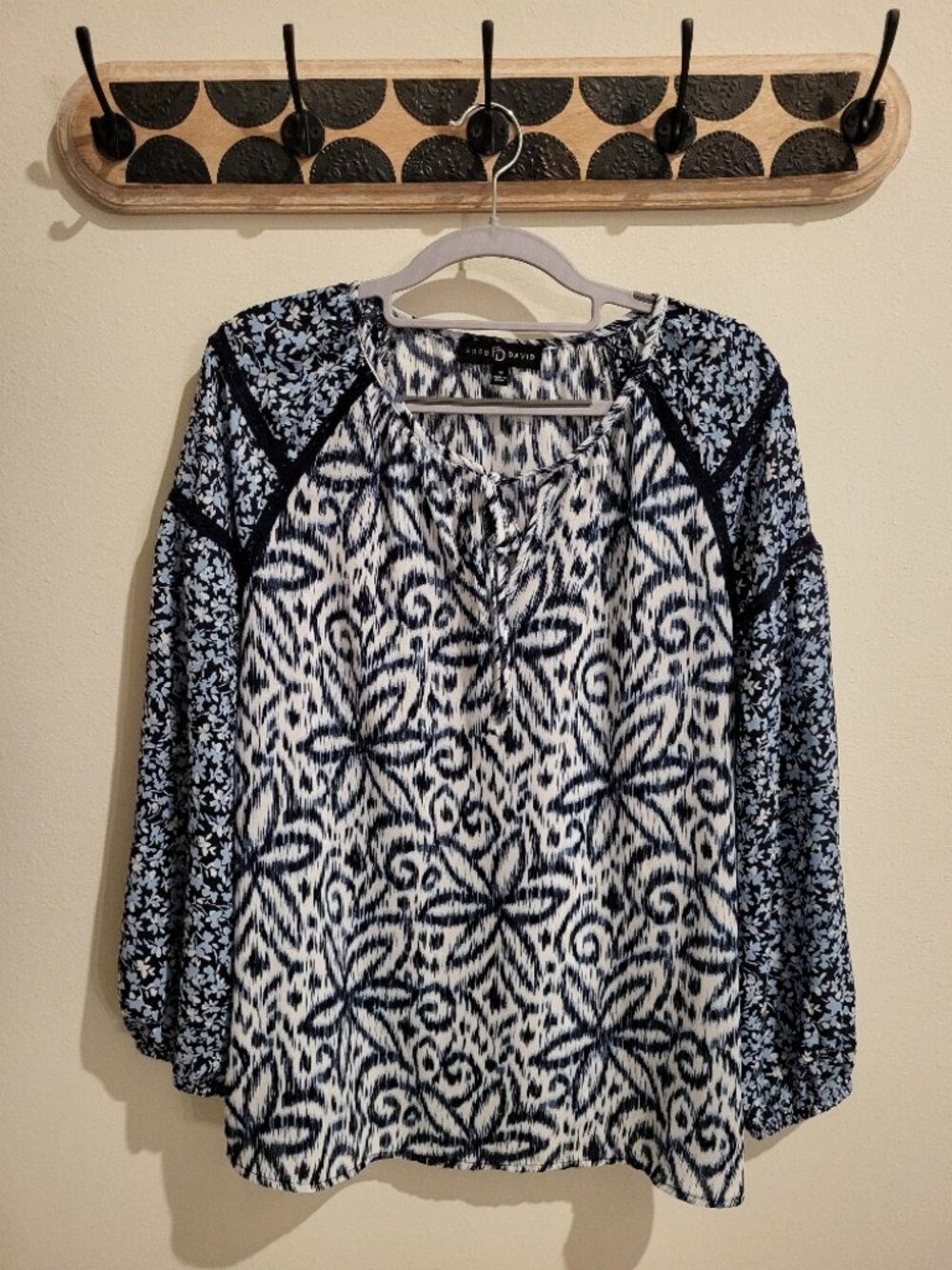 Fred David Blue and White Floral Print Boho Blouse
